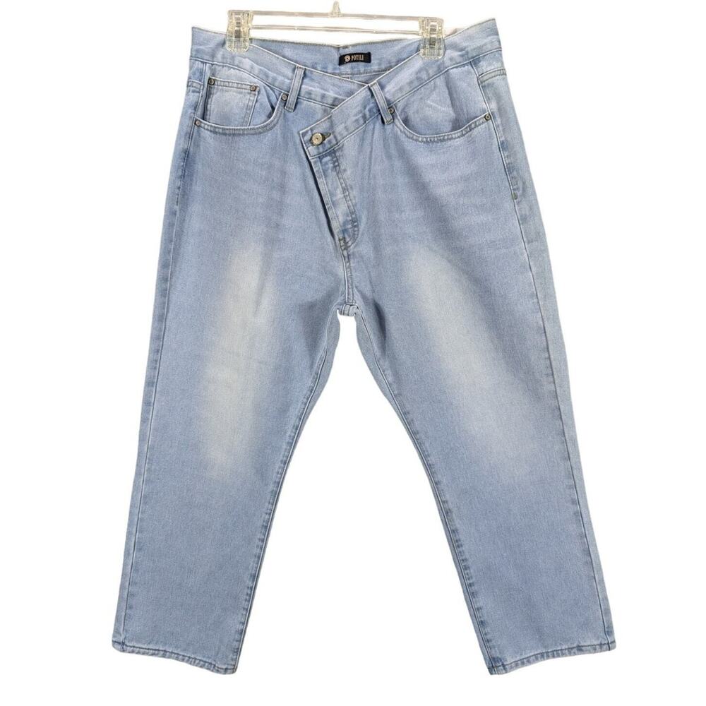 Potili Jeans Womens 18 Asymmetrical waist Light Wash Cropped Capri Distressed
